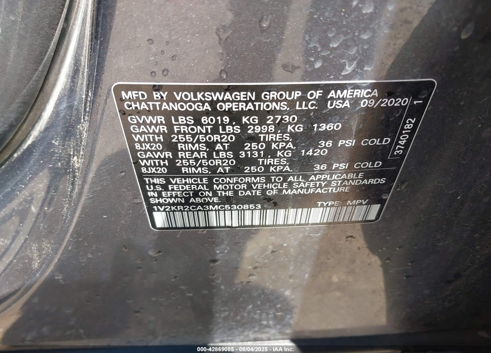 2021 VOLKSWAGEN ATLAS 3.6L V6 SE W/TECHNOLOGY VIN: 1V2KR2CA3MC530853