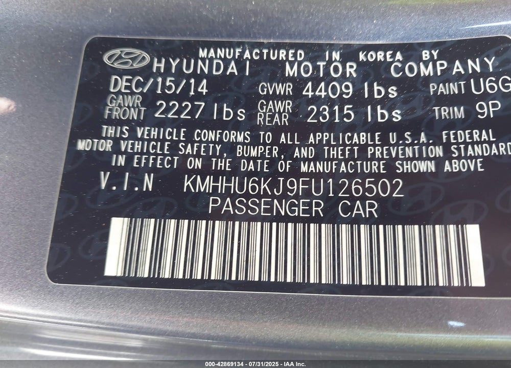 2015 HYUNDAI GENESIS VIN: KMHHU6KJ9FU126502