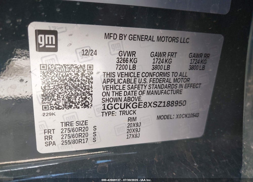 2025 CHEVROLET SILVERADO 1500 VIN: 1GCUKGE8XSZ188950