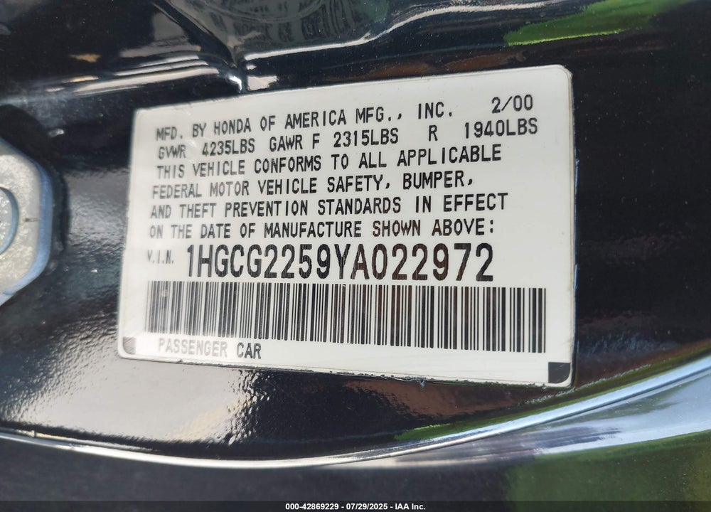 2000 HONDA ACCORD VIN: 1HGCG2259YA022972
