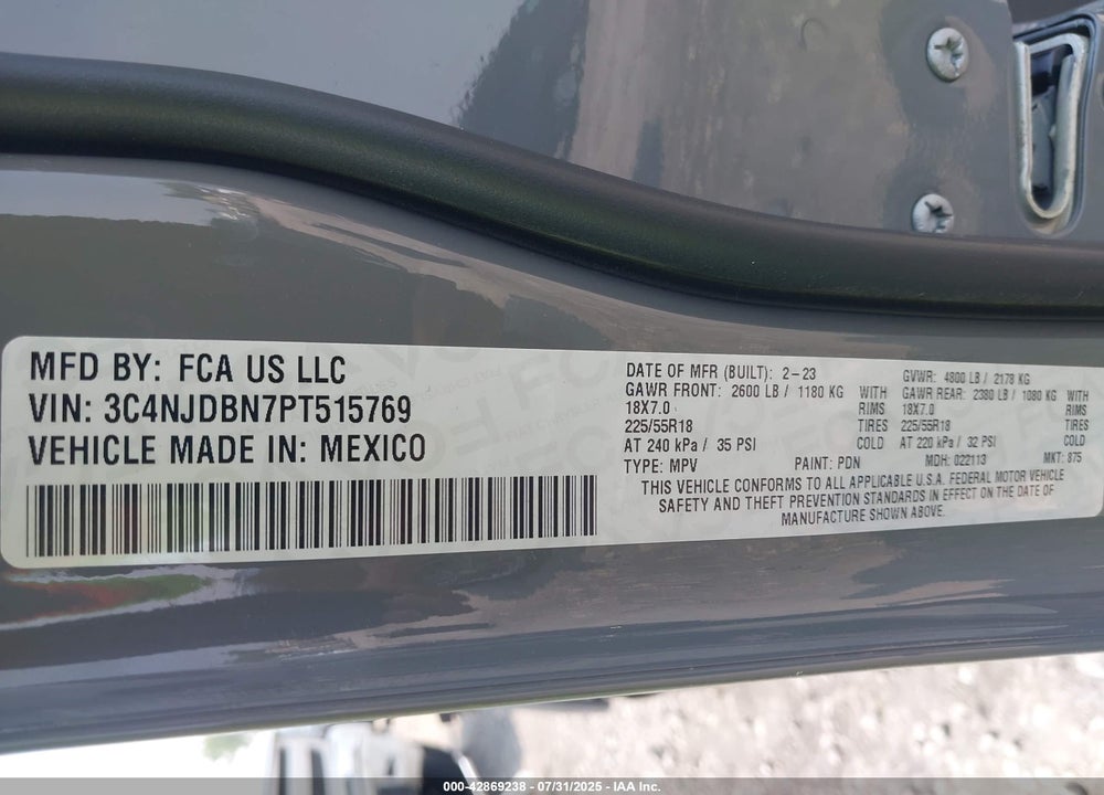 2023 JEEP COMPASS ALTITUDE 4X4 VIN: 3C4NJDBN7PT515769