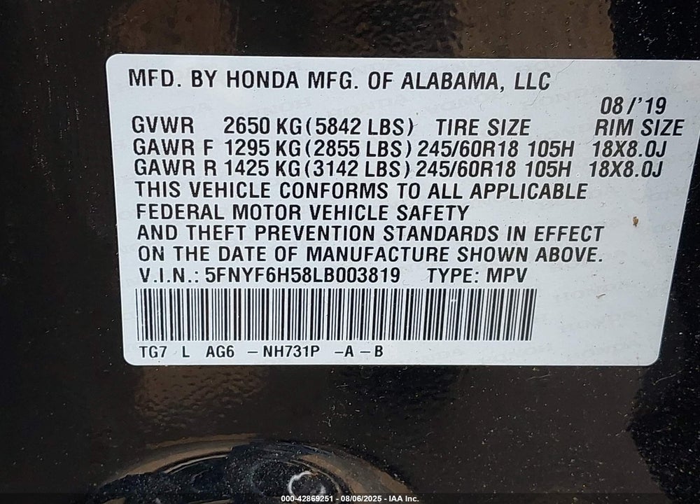 2020 HONDA PILOT VIN: 5FNYF6H58LB003819