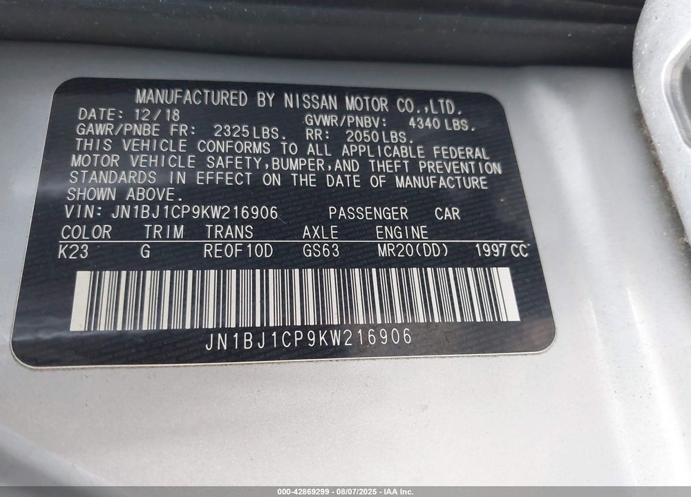 2019 NISSAN ROGUE SPORT S VIN: JN1BJ1CP9KW216906