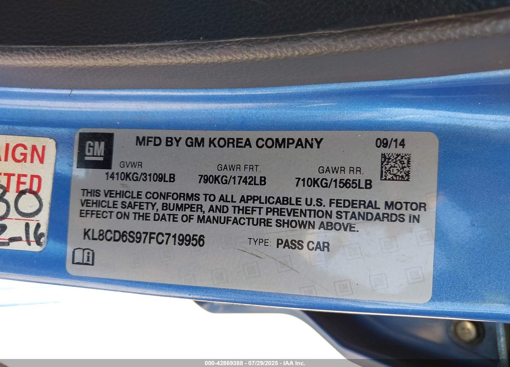 2015 CHEVROLET SPARK VIN: KL8CD6S97FC719956