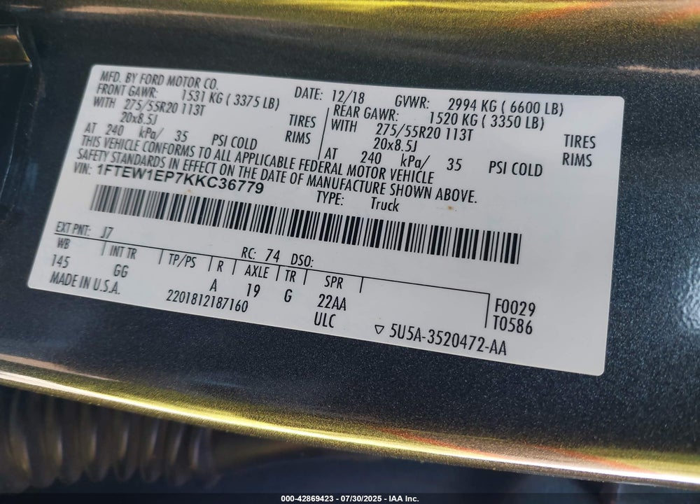 2019 FORD F-150 VIN: 1FTEW1EP7KKC36779