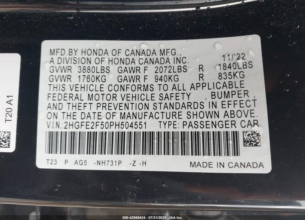 2023 HONDA CIVIC VIN: 2HGFE2F50PH504551