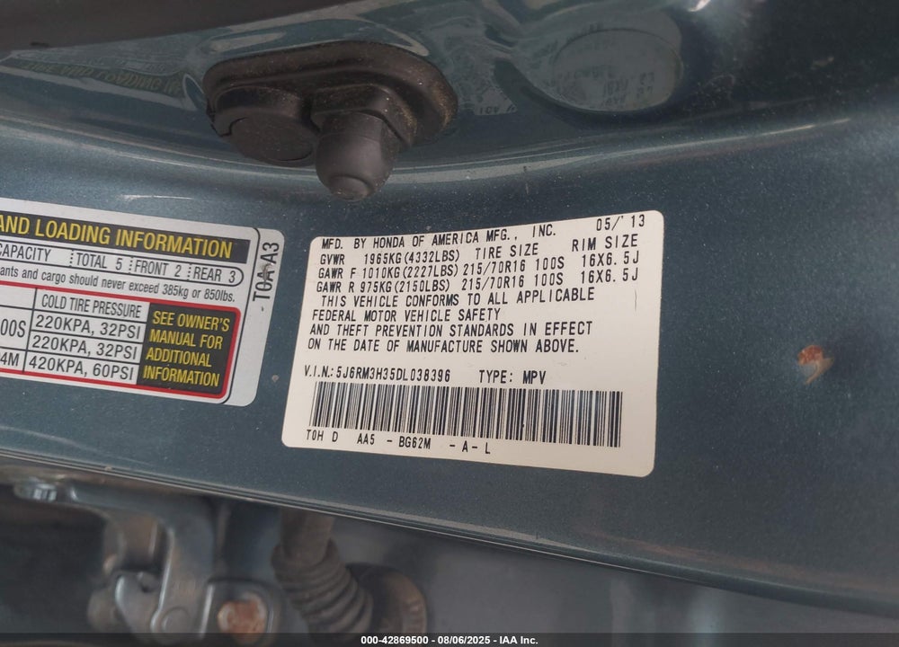 2013 HONDA CR-V VIN: 5J6RM3H35DL038396