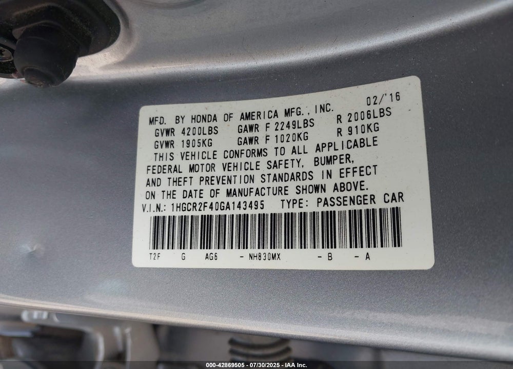 2016 HONDA ACCORD LX VIN: 1HGCR2F40GA143495