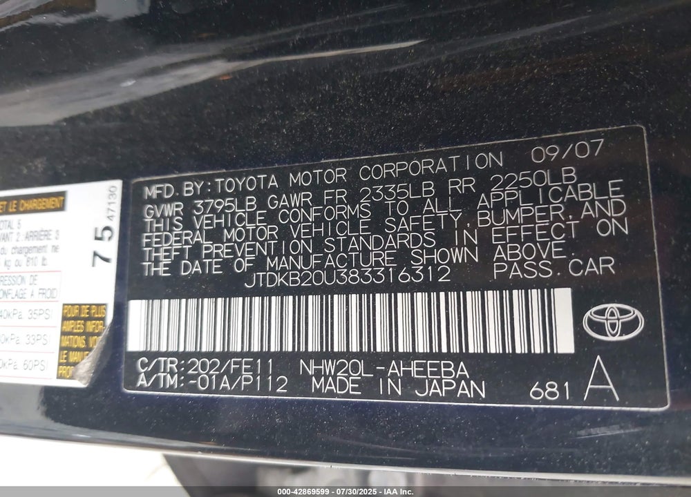 2008 TOYOTA PRIUS VIN: JTDKB20U383316312