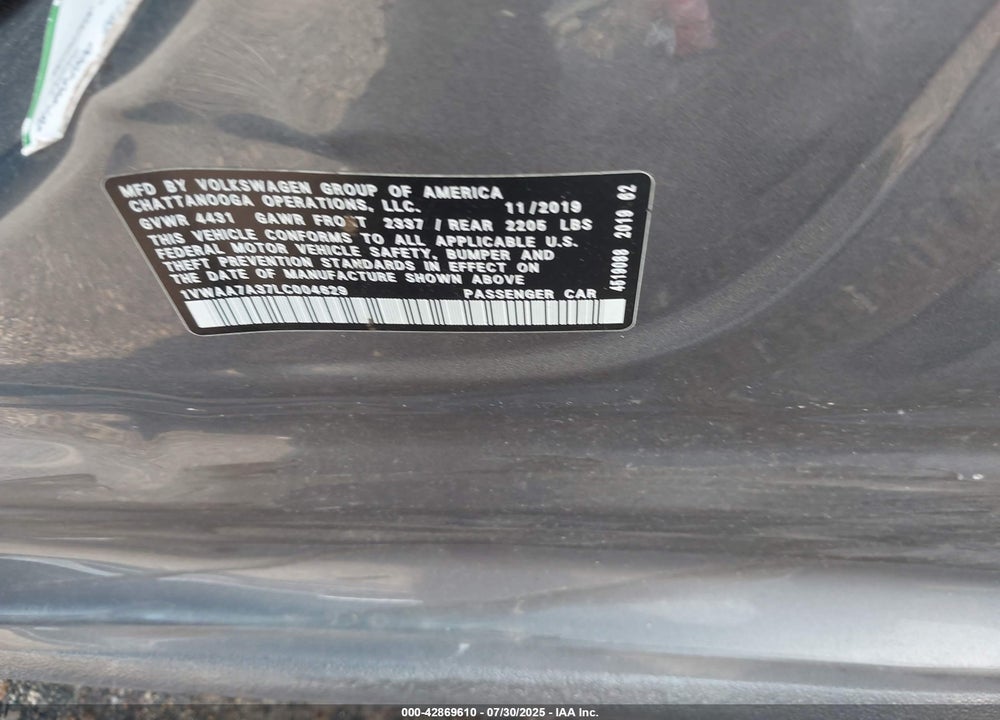 2020 VOLKSWAGEN PASSAT VIN: 1VWAA7A37LC004629