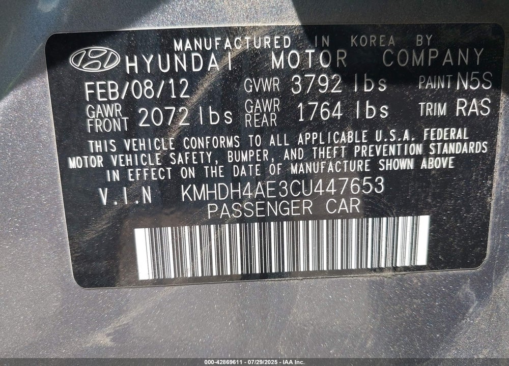 2012 HYUNDAI ELANTRA VIN: KMHDH4AE3CU447653