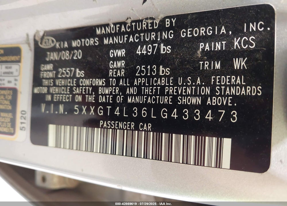 2020 KIA OPTIMA VIN: 5XXGT4L36LG433473