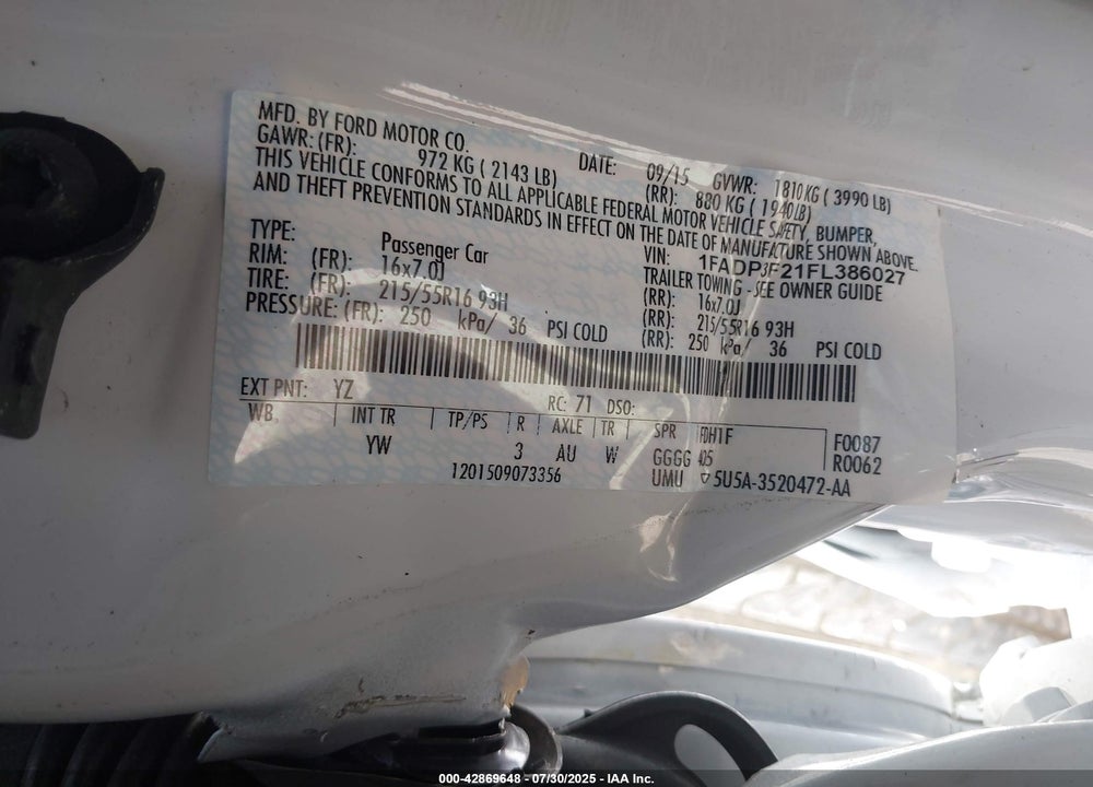 2015 FORD FOCUS SE VIN: 1FADP3F21FL386027