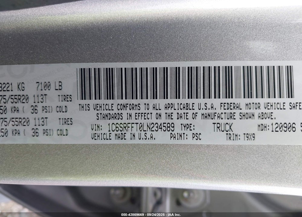 2020 RAM 1500 VIN: 1C6SRFFT0LN234589