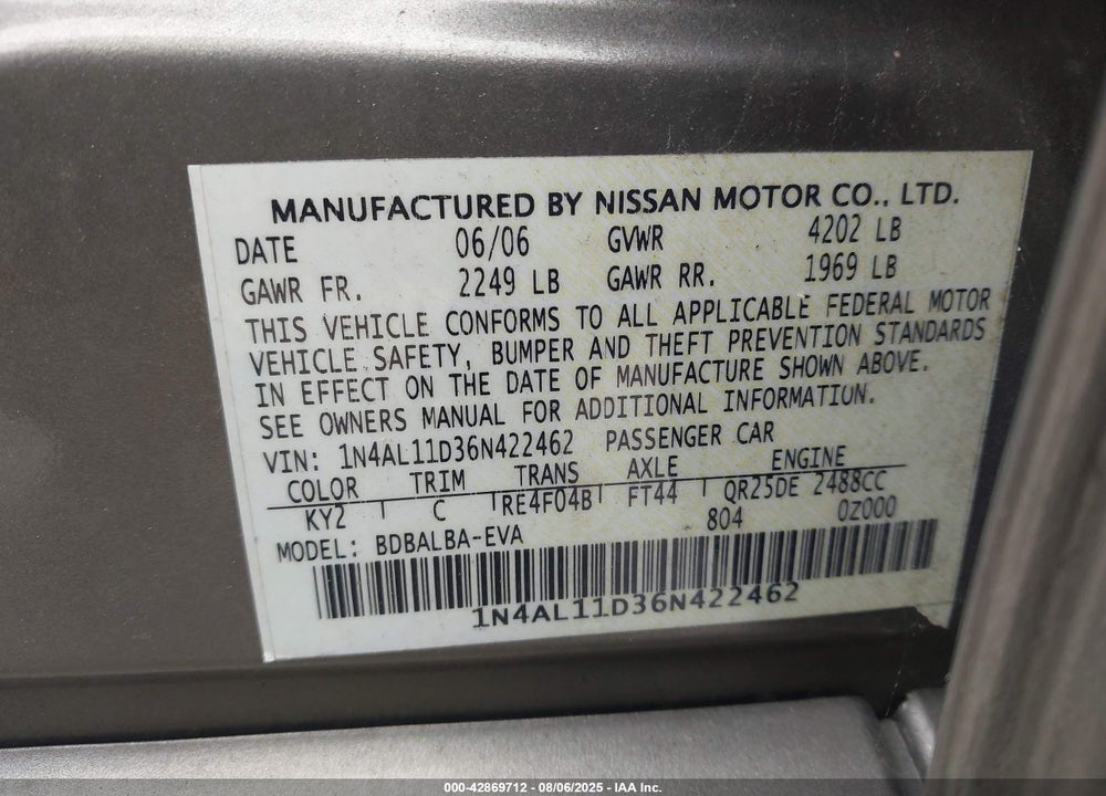 2006 NISSAN ALTIMA 2.5 S VIN: 1N4AL11D36N422462