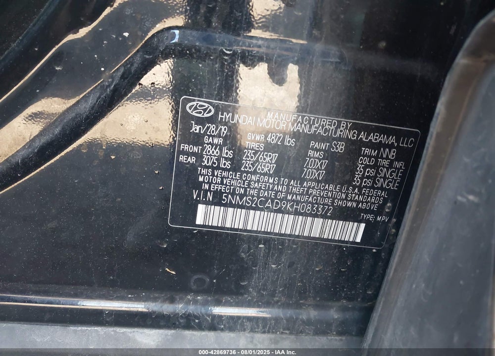2019 HYUNDAI SANTA FE VIN: 5NMS2CAD9KH083372