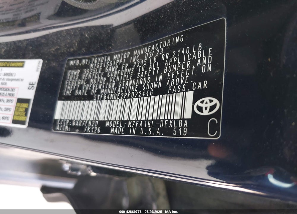 2023 TOYOTA COROLLA VIN: 5YFB4MDE2PP022446