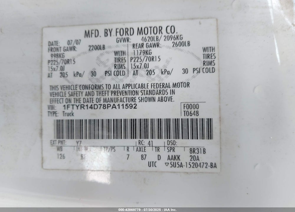 2008 FORD RANGER XL/XLT VIN: 1FTYR14D78PA11592