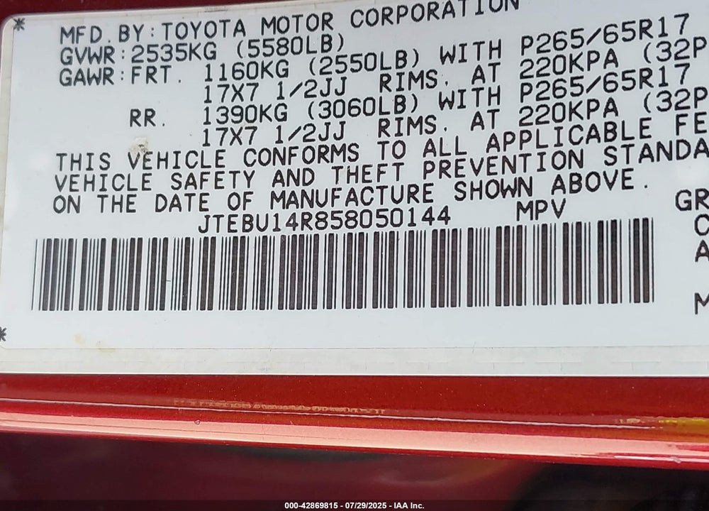 2005 TOYOTA 4RUNNER VIN: JTEBU14R858050144