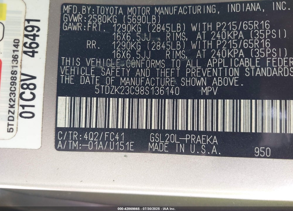 2008 TOYOTA SIENNA LE VIN: 5TDZK23C98S136140