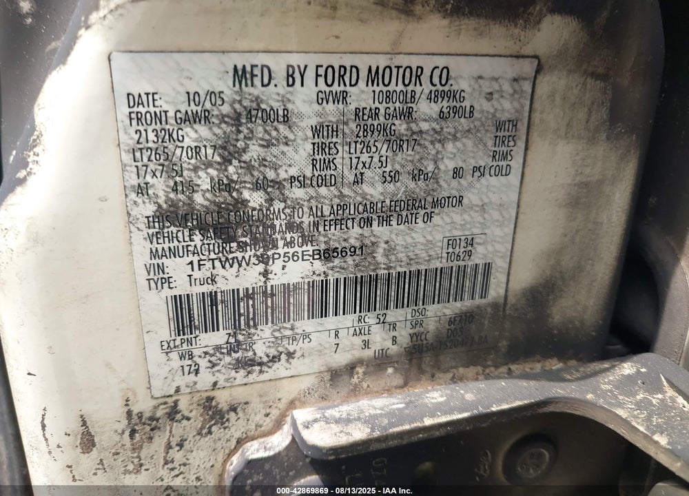 2006 FORD F-350 LARIAT/XL/XLT VIN: 1FTWW30P56EB65691