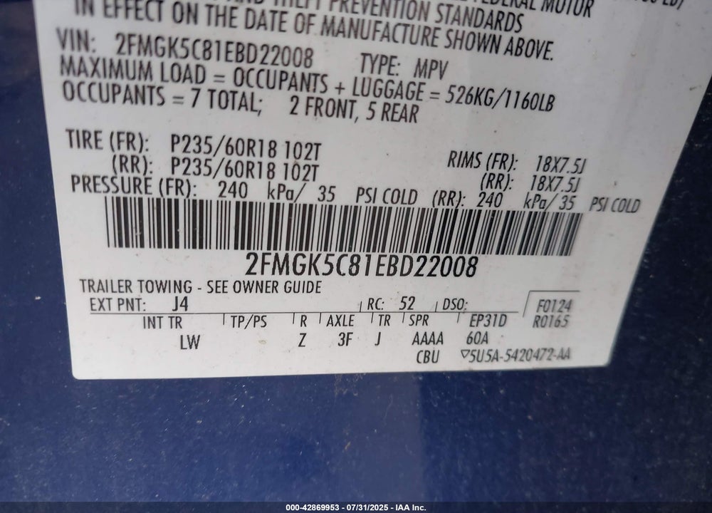 2014 FORD FLEX VIN: 2FMGK5C81EBD22008