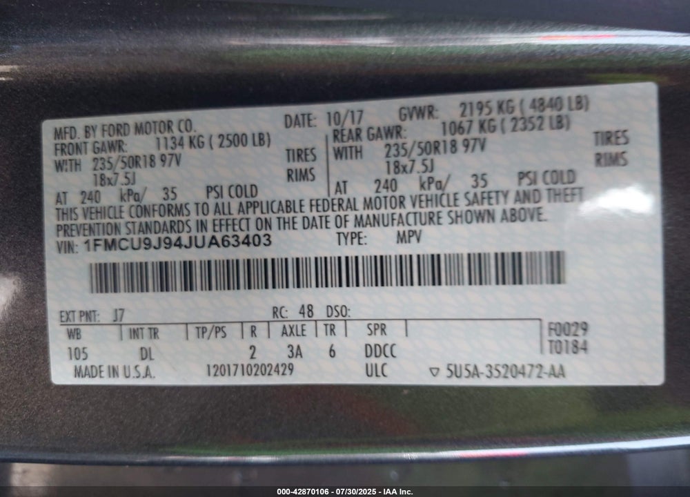 2018 FORD ESCAPE VIN: 1FMCU9J94JUA63403