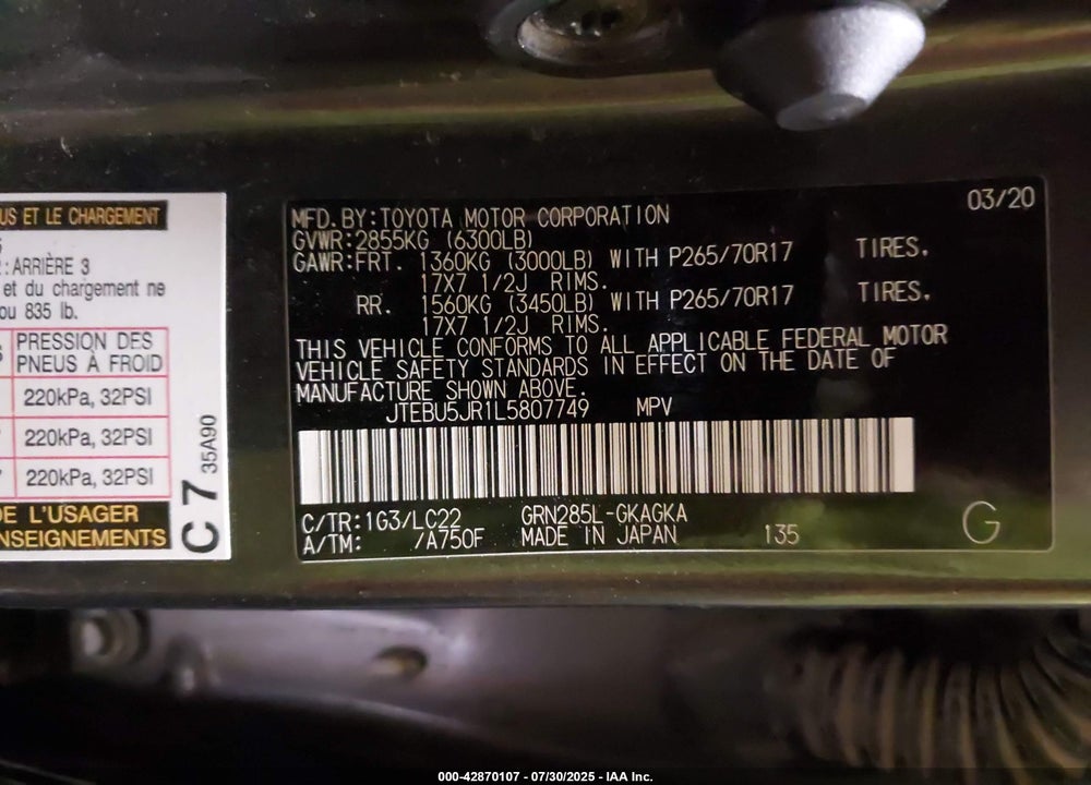 2020 TOYOTA 4RUNNER VIN: JTEBU5JR1L5807749
