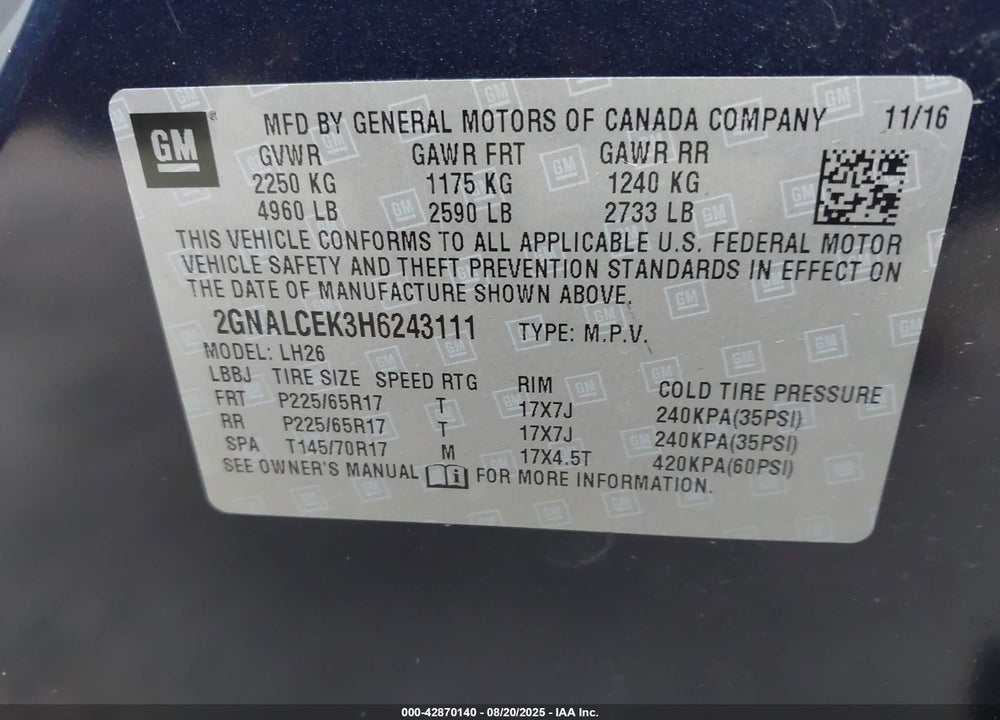 2017 CHEVROLET EQUINOX VIN: 2GNALCEK3H6243111