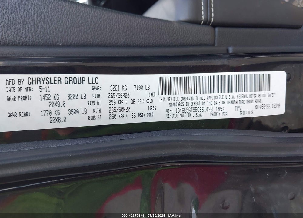 2011 DODGE DURANGO CITADEL VIN: 1D4SE5GT9BC661473