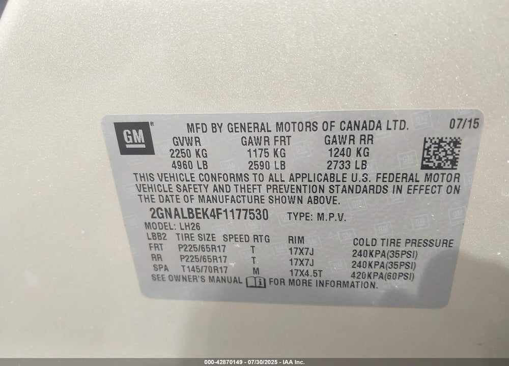 2015 CHEVROLET EQUINOX 1LT VIN: 2GNALBEK4F1177530