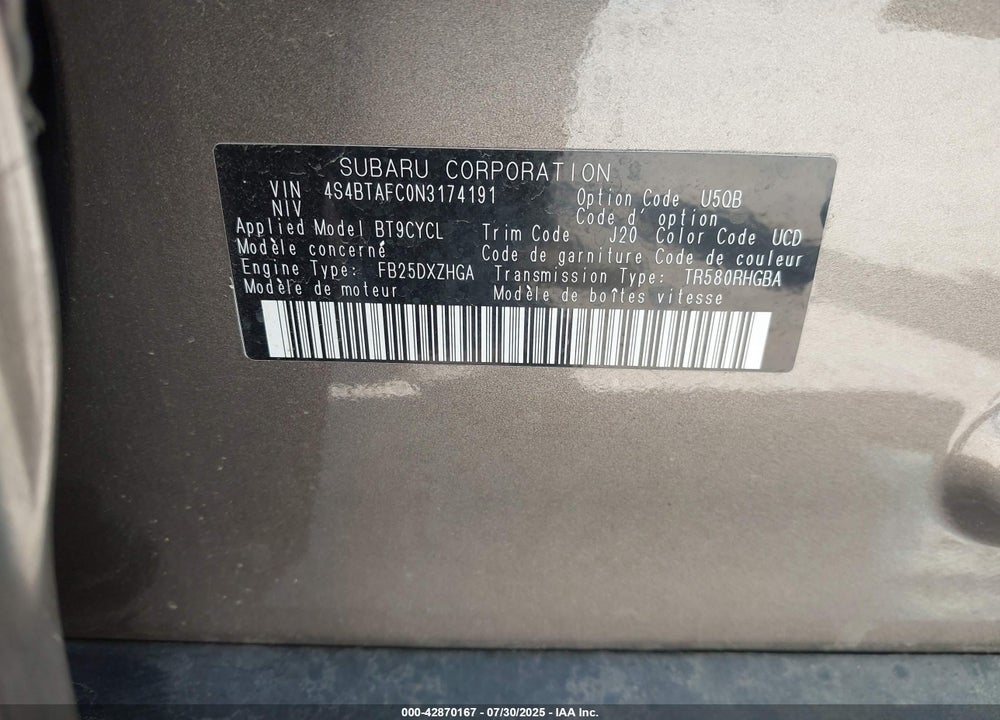 2022 SUBARU OUTBACK PREMIUM VIN: 4S4BTAFC0N3174191