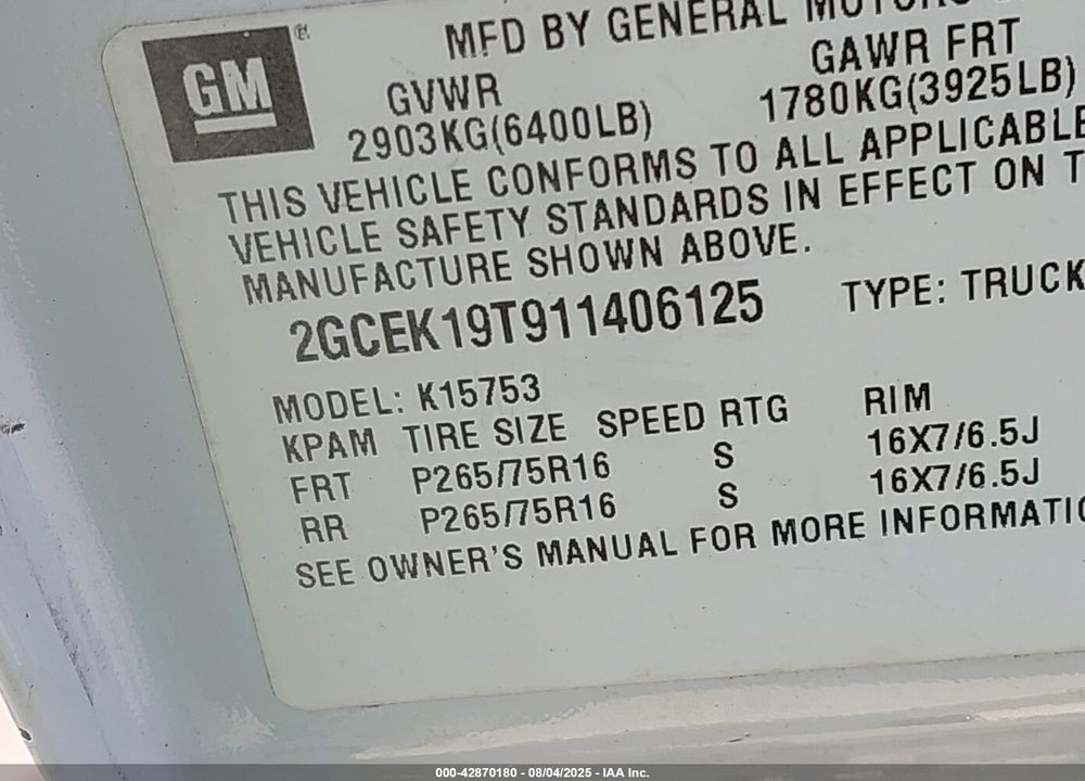 2001 CHEVROLET SILVERADO 1500 LS VIN: 2GCEK19T911406125
