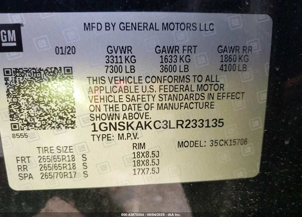 2020 CHEVROLET TAHOE VIN: 1GNSKAKC3LR233135