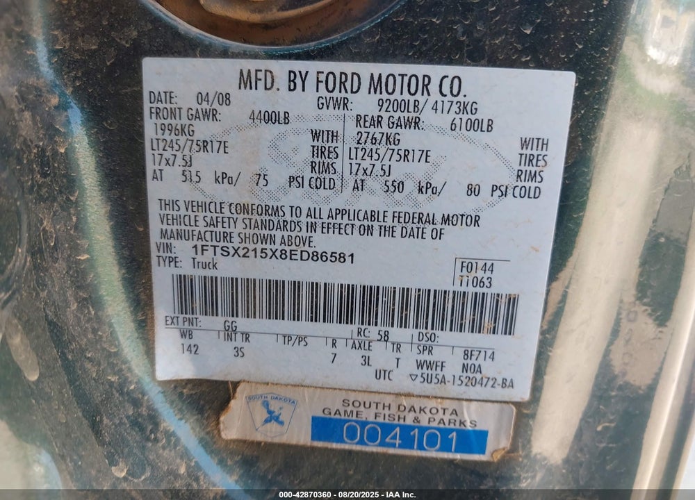 2008 FORD F-250 FX4/LARIAT/XL/XLT VIN: 1FTSX215X8ED86581