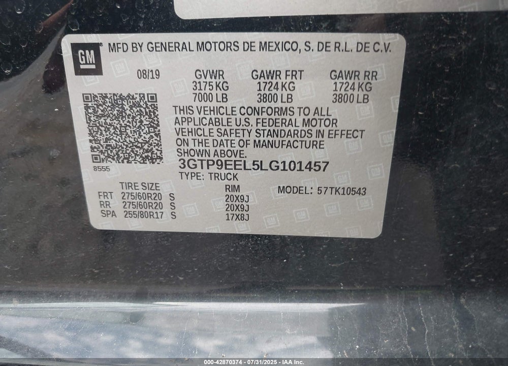 2020 GMC SIERRA 1500 VIN: 3GTP9EEL5LG101457