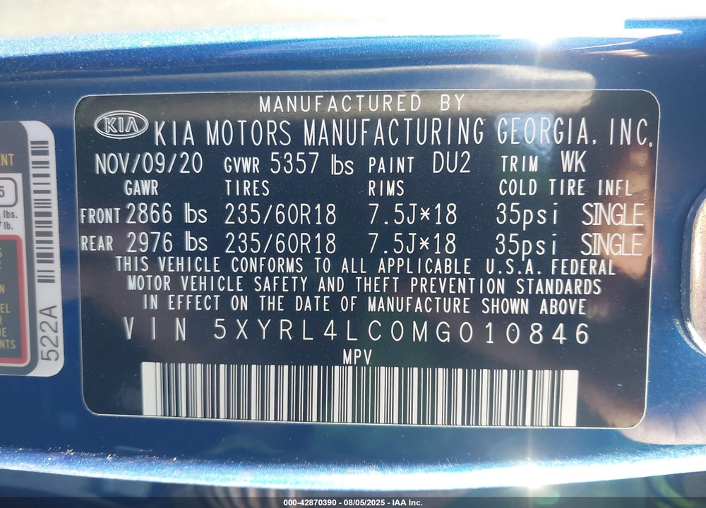 2021 KIA SORENTO VIN: 5XYRL4LC0MG010846