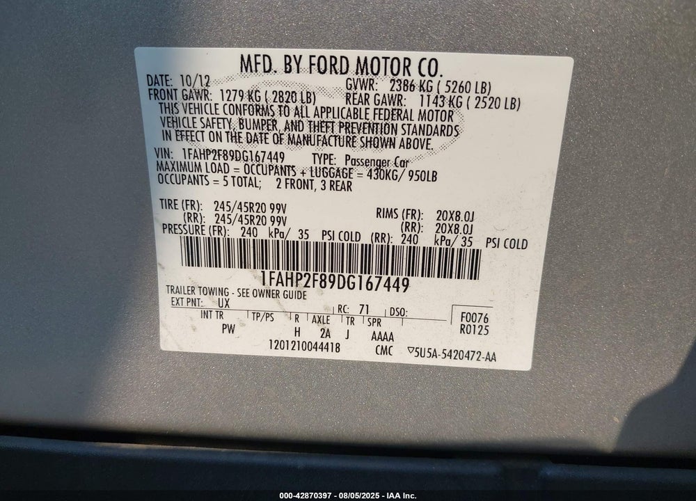 2013 FORD TAURUS VIN: 1FAHP2F89DG167449