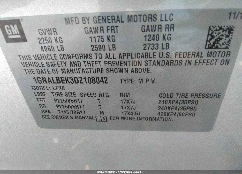 2013 CHEVROLET EQUINOX VIN: 1GNALBEK3DZ108042