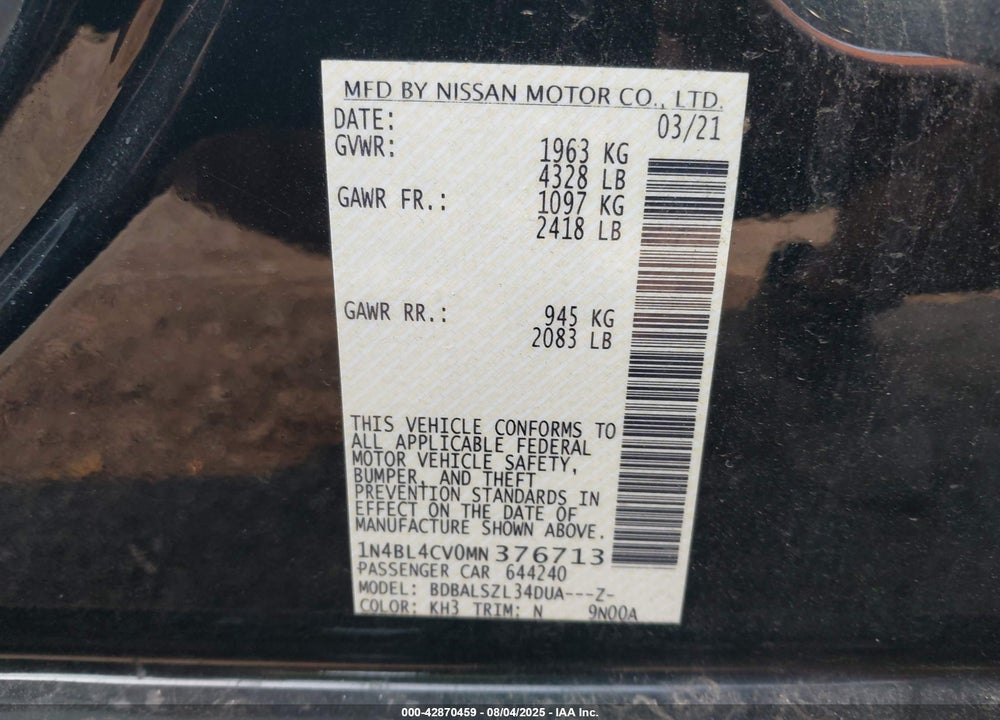 2021 NISSAN ALTIMA VIN: 1N4BL4CV0MN376713