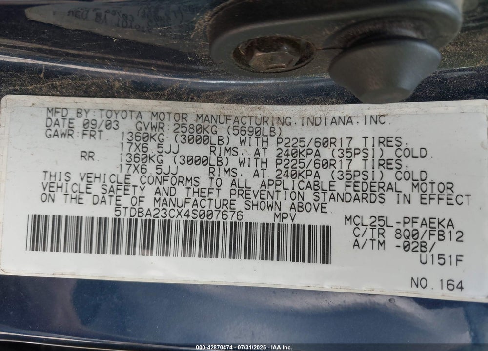 2004 TOYOTA SIENNA LE VIN: 5TDBA23CX4S007676