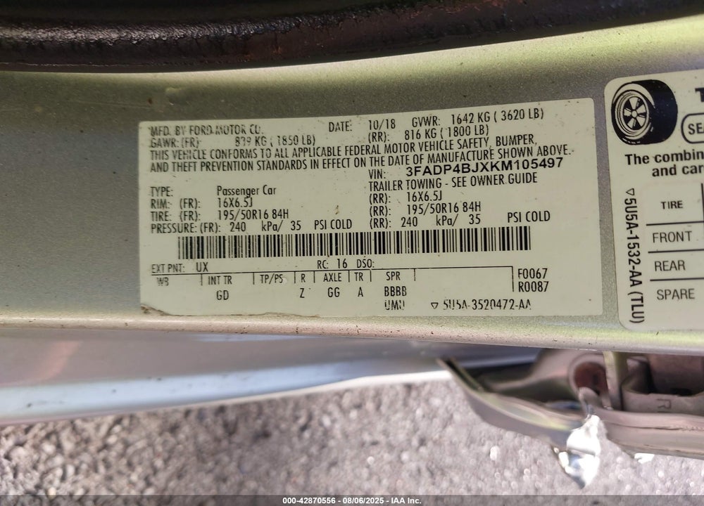 2019 FORD FIESTA SE VIN: 3FADP4BJXKM105497