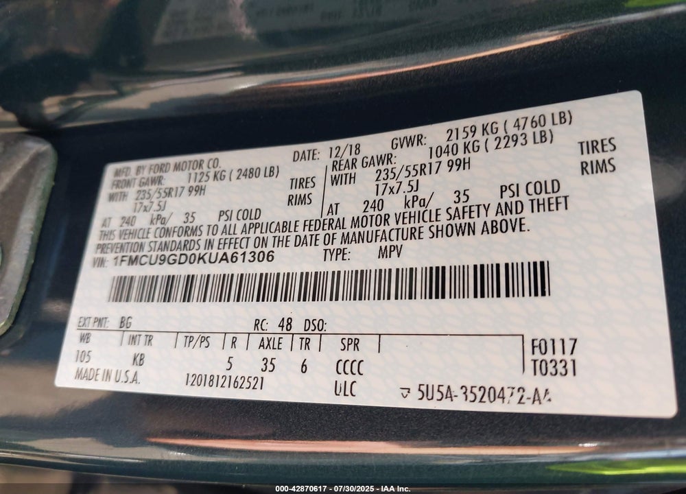 2019 FORD ESCAPE VIN: 1FMCU9GD0KUA61306