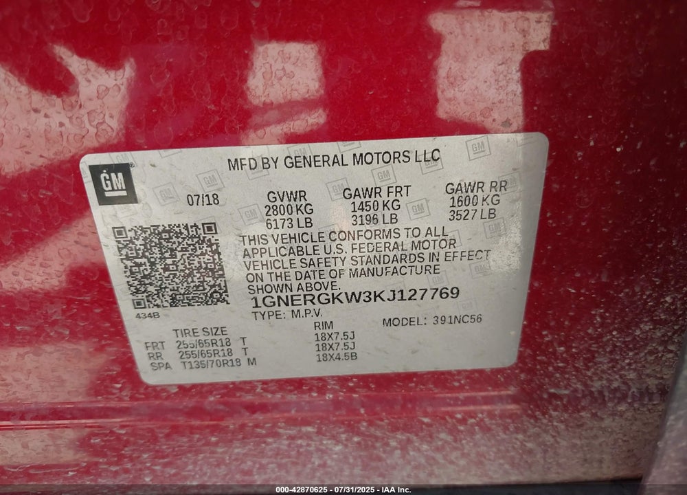 2019 CHEVROLET TRAVERSE 1LT VIN: 1GNERGKW3KJ127769