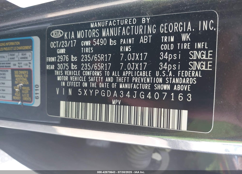 2018 KIA SORENTO VIN: 5XYPGDA34JG407163