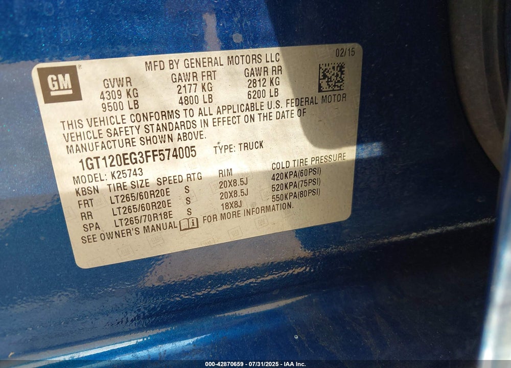 2015 GMC SIERRA VIN: 1GT120EG3FF574005