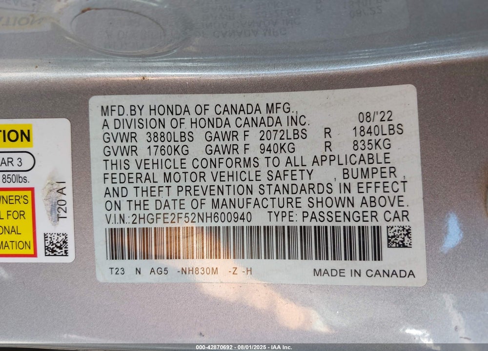 2022 HONDA CIVIC VIN: 2HGFE2F52NH600940