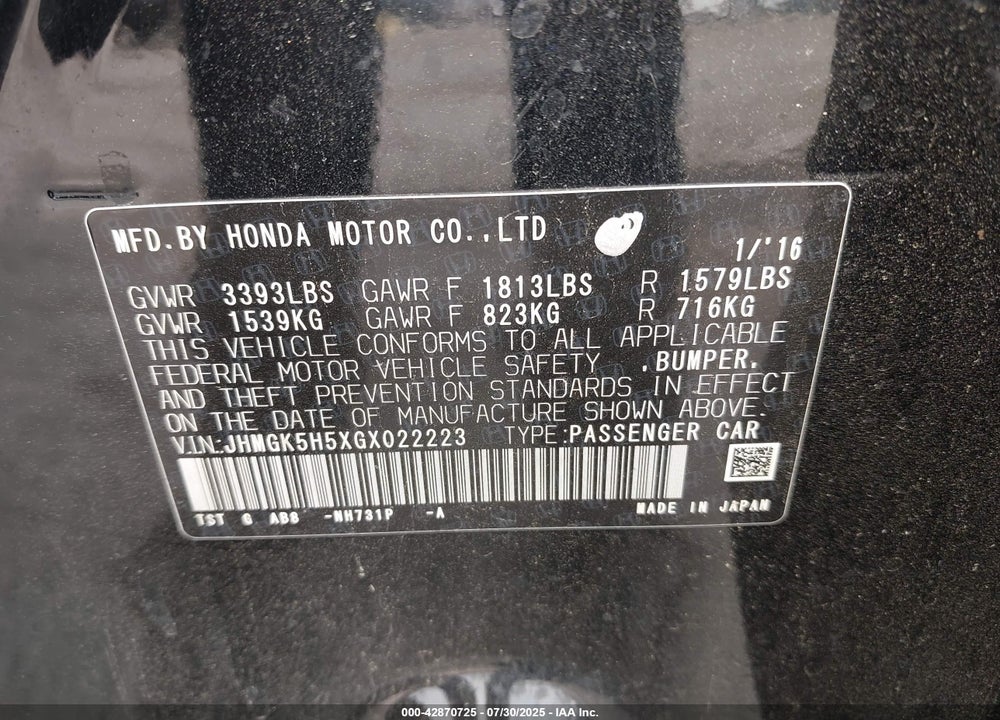 2016 HONDA FIT VIN: JHMGK5H5XGX022223
