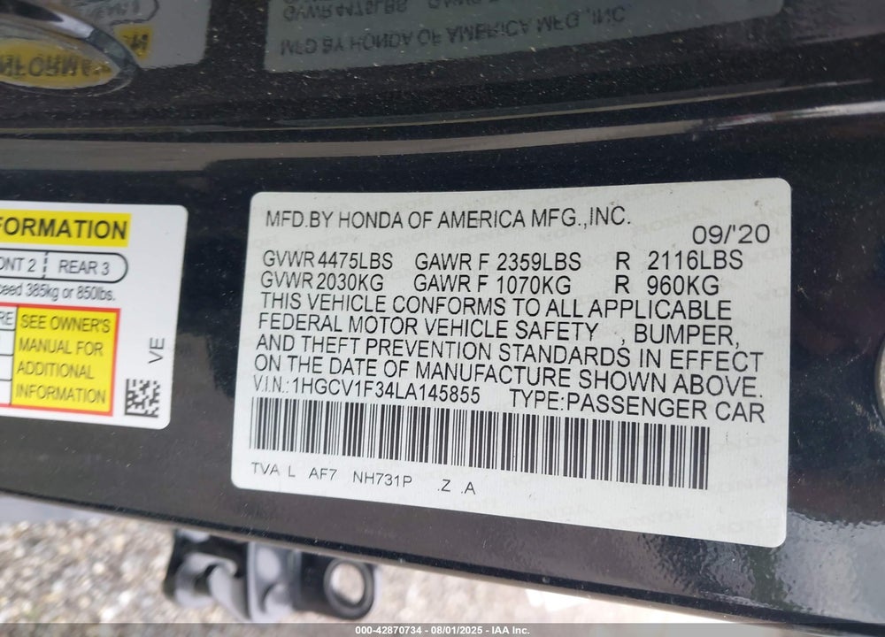 2020 HONDA ACCORD VIN: 1HGCV1F34LA145855