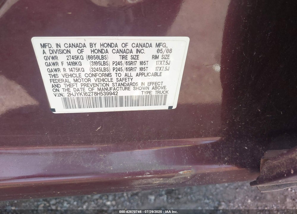2008 HONDA RIDGELINE VIN: 2HJYK16278H539942